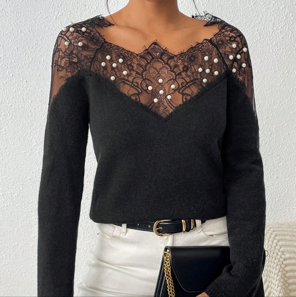 Contrast Lace Raglan Sleeve Sweater - Picture 1 of 7